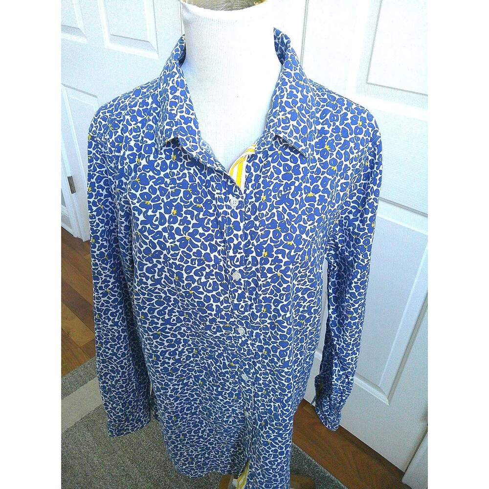 J. McLaughlin Lois Blouse Button Down Floral Blue Shirt Accented w/ Yellow XL